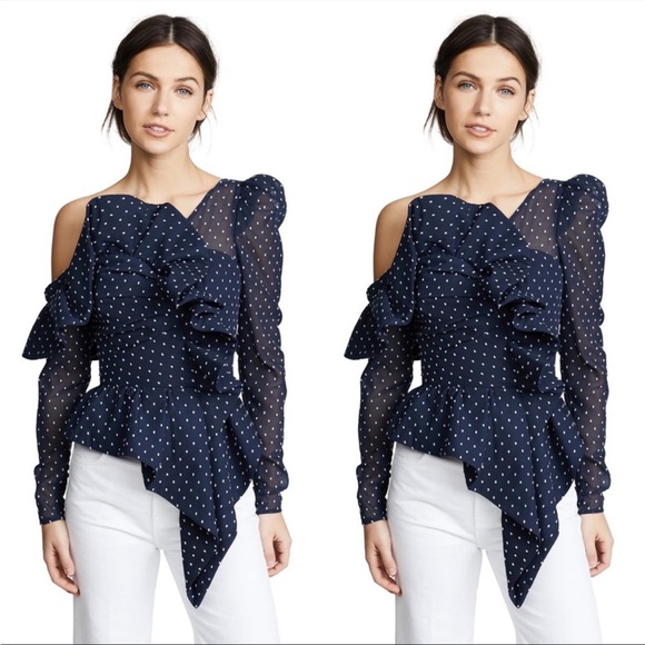 Self-Portrait Plumetis Frill One Shoulder Blouse Navy Blue Polka Dot Size 6 - Picture 1 of 16